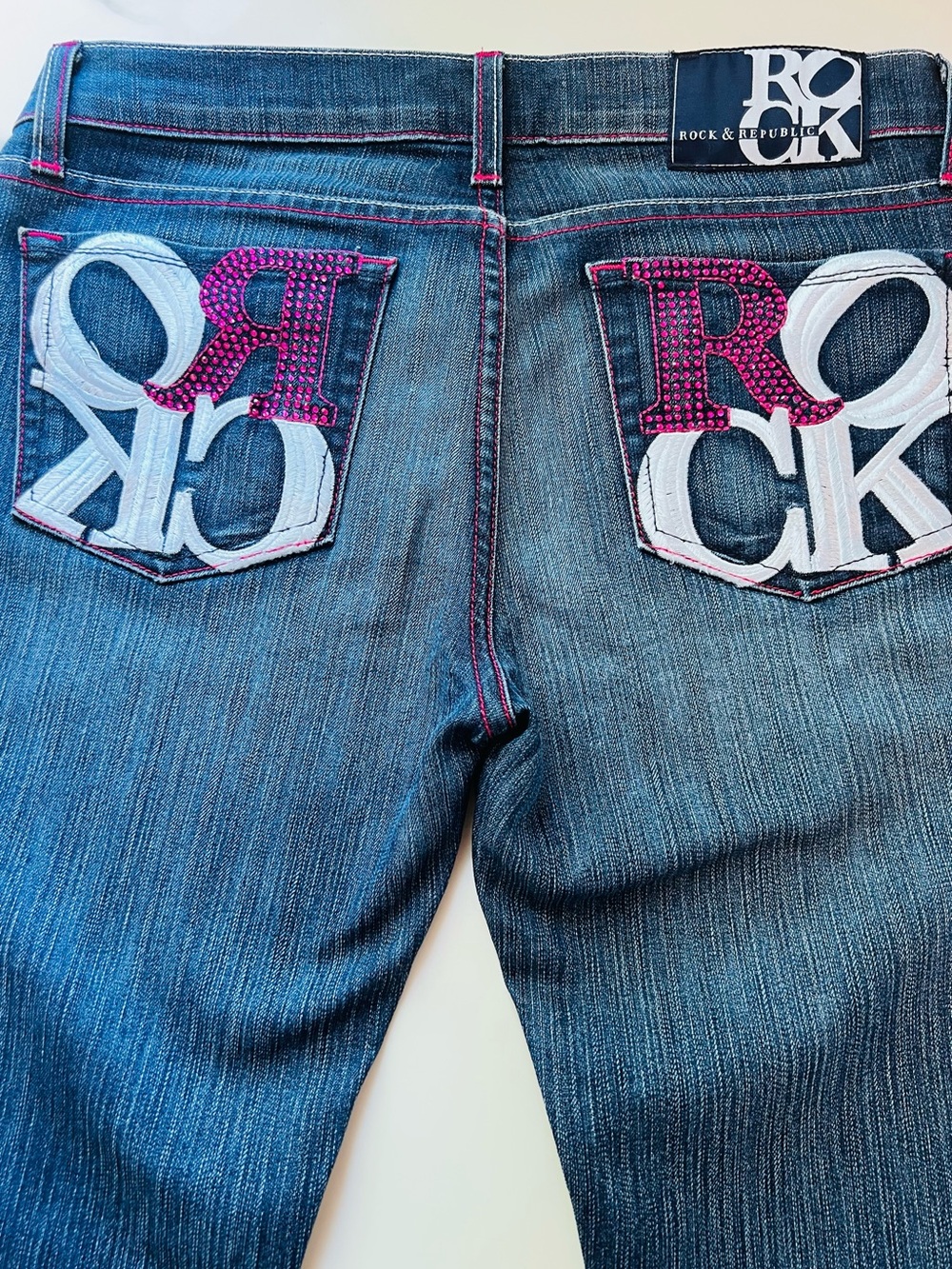 RARE Vintage Rock & Republic Y2K McBling Embroidered Pocket Low Rise Flare Jeans